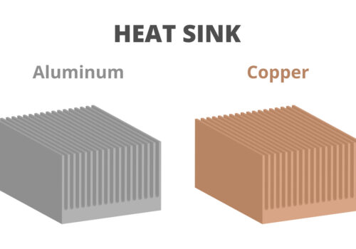 Vector 3D isometric illustration of aluminum and copper finned heat sink, heat sink isolated on a white background.